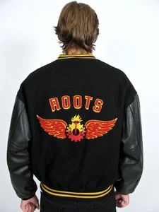 ROOTS CANADA JACKET OLYMPIC 92 RED WINGS BLACK VARSITY WOOL LEATHER COAT~S - Picture 1 of 12