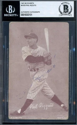 Phil Rizzuto Beckett BAS Signed 1947-66 Exhibit Postcard Vintage Rookie Auto - Image 1 of 2