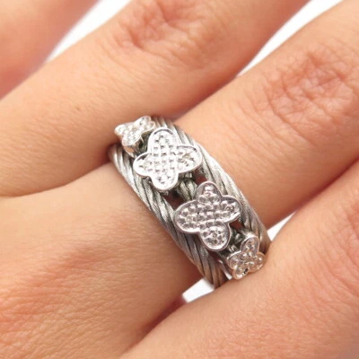 Anillo ajustable mariposa de 3 filas con acento de diamantes reales de plata de ley 925 talla 8 Foto 1 de 4