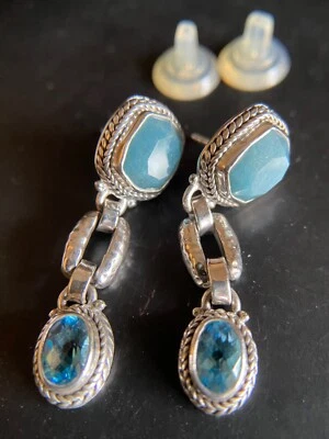 Pendientes colgantes Sarda, hechos en Bali, 925, Qtz azul natural y topacio azul suizo Foto 1 de 4