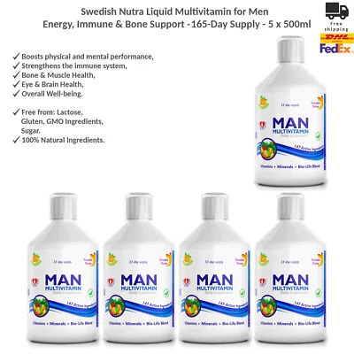 Swedish Nutra Liquid Multivitamin for Men Energy, Immune & Bone Support 5x500ml - Image 1 of 4
