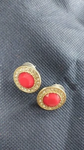 Rhinestones & Red Glass Faceted Button Style Post Earrings. - Picture 1 of 3