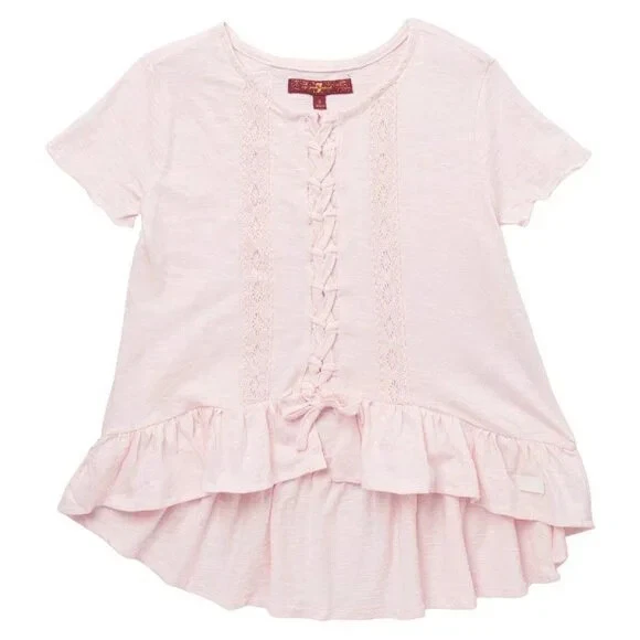 NEW 7 FOR ALL MANKIND Kid Lace Up Bow Ruffle High Low Asymmetrical Slub T Shirt — 第 1/2 张图片