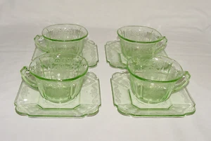 HARD-TO-FIND Set of Four Green Indiana Glass "LORAIN" Cups & Saucers!! - Picture 1 of 4