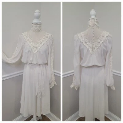 VTG Bohemian Sheer Dress With High Lace Collar and Lace Yoke/Lace Sleeve Trim - Image 1 of 4