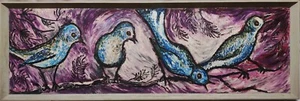 ORIGINAL MID 20TH C. STYLISED BIRDS OIL PAINTING ON BOARD, 35.5 X 116 CM, FRAMED - Picture 1 of 24