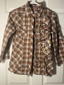 Women’s Dolled Up Size Med Brown Plaid Two Pocket Button Up Top - Picture 1 of 11