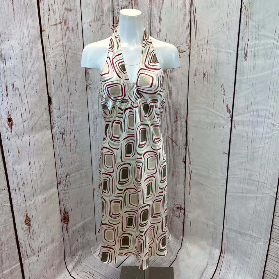 VESTIDO HALTER POLECI ROJO TOSTADO TOPO MULTI PATRÓN SEDA TALLA 6 TCC Foto 1 de 4