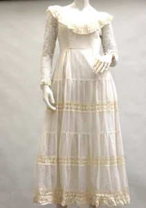Vintage 70s Tiered Lace Trim Maxi Dress By Couriers California Prairie Wedding G - Picture 1 of 9