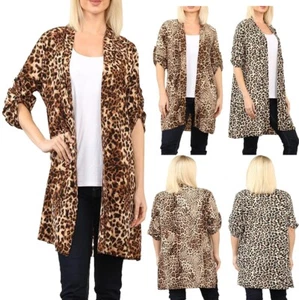 Womens 3/4 Ruched Sleeve Leopard Print Blazer Open Front Lightweight Jacket - Picture 1 of 6