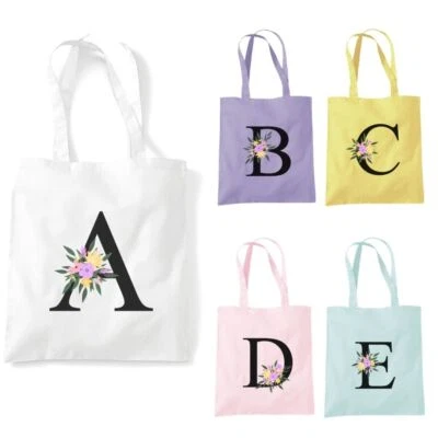 MERCH KINGDOM Personalised Floral Alphabet Any Letter Initial Tote Shopping Shopper Bag Gift