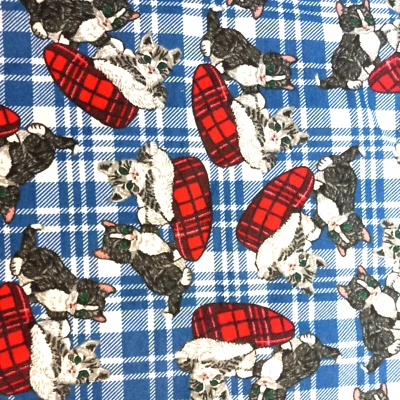 Blue White Red Joe Boxer Slipper Kitty Cat Printed Plaid Cotton Flannel .66 Yard - Image 1 of 4