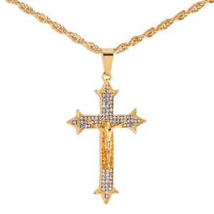 Gold Plated Rhinestone Crystal Jesus Cross Pendant Chain Necklace USA SELLER - Picture 1 of 6