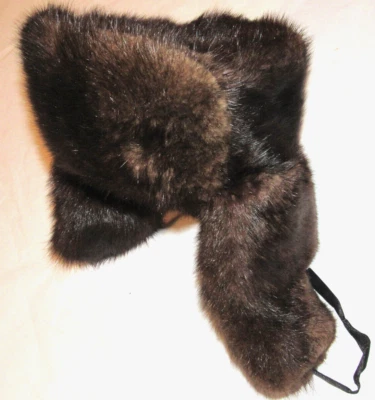 VINTAGE RUSSIAN MINK BROWN FUR HAT! TIE UP EAR FLAPS! ADJUSTABLE 21" MAX! WARM! - Image 1 of 4