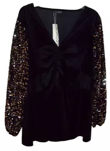 NWT BLOOMCHIC Women's BLACK Velvet VELOUR Gold Silver Sequins TOP Sz 26 Bust 55" - Picture 1 of 6