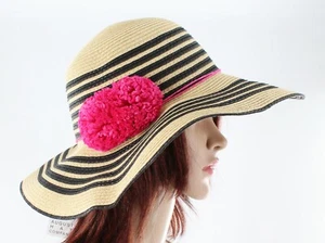 August Hat Company Striped Pom Trim Floppy Summer Hat #HT21 - Picture 1 of 2