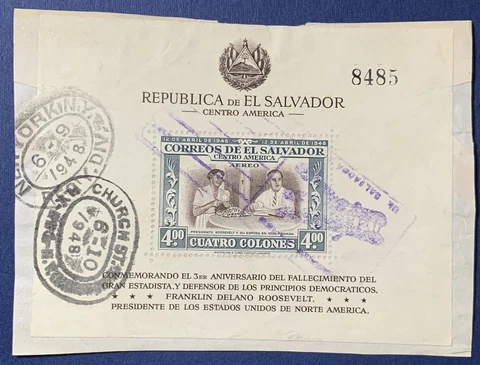 EL SALVADOR SOUVENIR ON-PAPER PIECE PLANE CANCELS CHURCH ST., NEW YORK Cover