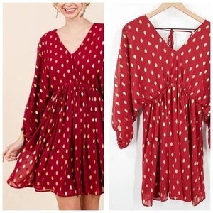 Jodifl Red V-neck Bubble Sleeve Red Gold Mini Dress Size Small Garnet FSU - Picture 1 of 12