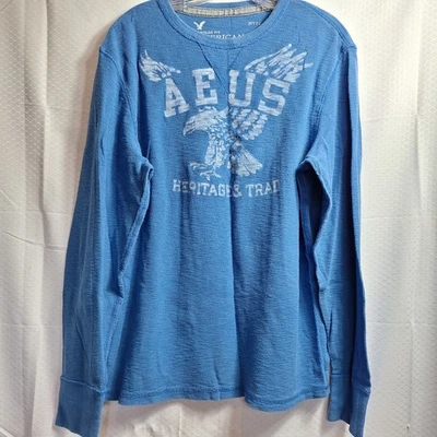 AMERICAN EAGLE OUTFITTER Vintage Fit Long Sleeve Thermal Shirt Sz L Blue 90s Y2K - Image 1 of 4