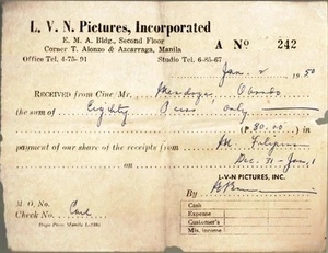 1950 L.V.N. Pictures, Incorporated Shareholder's Receipt Manila PHILIPPINES - Picture 1 of 1