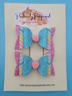 Set Of 2 Blue And Pink Glitter Rose Pigtail Hair Bows Stacked Handmade