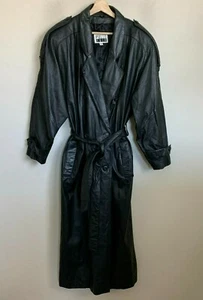 Pelle Cuir Trench Coat Black Leather Double Breasted Dolman Sleeves Pockets Sz L - Picture 1 of 12