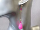 Neon Pink Teardrops with Pink Crystals & Bar Huggie Hoop Gold Plated Earrings