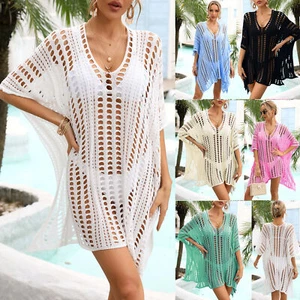 Summer Ladies Bikini Cover up Mini Dress Beach Swimwear Crochet Knit Top Holiday - Picture 1 of 31