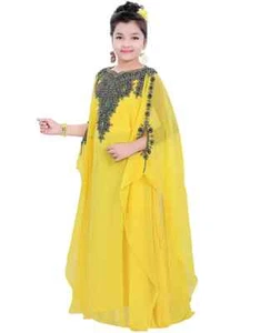 Long Kaftan New Gown Georgette Wedding Moroccan Kids Yellow Dress Abaya Party - Picture 1 of 4