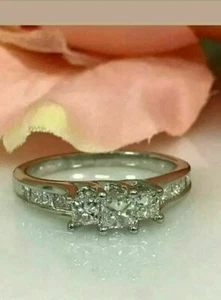 2.00 Ct Princess Cut Simulated Diamond Three Stone Ring 14k White Gold Finish - Picture 1 of 5