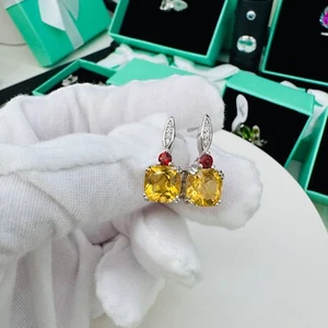 18K White Gold on Sterling Silver Yellow Citrine Red Garnet Earrings - Picture 1 of 8