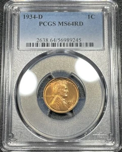 1934 D Lincoln Wheat Cent 1c PCGS MS64RD Denver Nice Red Cent E245 - Picture 1 of 4