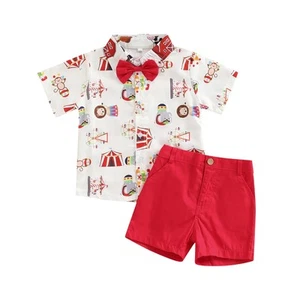 Toddler Baby Boy Summer Clothes Short Sleeve Cartoon Print Bow Tie Shirt Top ... - Picture 1 of 7