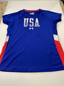 Girls Under Armour USA Shirt Royal Blue W/Red & White Sides Size XL  - Picture 1 of 6