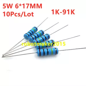 10 Stck. 5 W 5 Watt Metallfilmwiderstand ±1 % 1K -91K Ω Ohm 1 K - 91 K 6*17MM - Bild 1 von 3