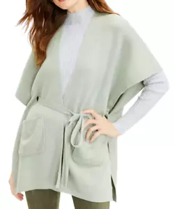 NEW LOFT ANN TAYLOR GREEN RIBBED BELTED POCKET WRAP SWEATER TOP SIZE M/L - Picture 1 of 4
