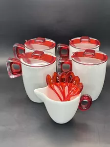 White Ceramic Mugs (4) & sugar bowl, Red & clear lucite handles, spoons, & lids - Picture 1 of 21