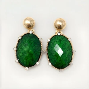 Yellow Gold Plated Oval Green Acrylic Bead Crystal Chandelier Drop Earrings - Picture 1 of 2