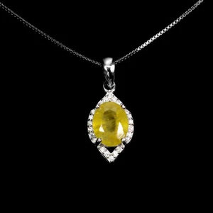 925 Argento Sterling Collana Ovale Giallo Zaffiro 9x7mm Gemma Gioielli 45.7cm - Foto 1 di 13