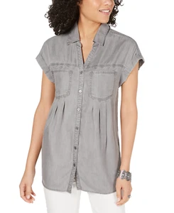Style & Co Women's Pleated Cuffed-Sleeve Top (Small, Grey Wash) - Picture 1 of 1