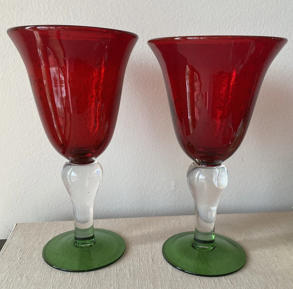 ARTLAND 2 Salute Ruby Red 8” Goblets Bubble Clear Stem Green Base Blown Glass - Image 1 of 4