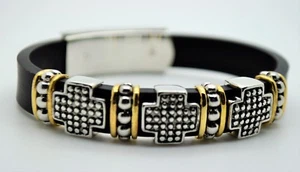 AB084 chic Design Cross silver dots gold line Black Flat Rubber fashion bracelet - Picture 1 of 3