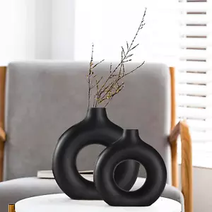 Black Ceramic Vases Set of 2, Modern Design for Home Decor,Black Style for Pampa - Picture 1 of 12