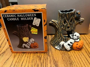 Vintage Kmart Ceramic Halloween Candle Holder w Box Tree Jack o Lantern Skeleton - Picture 1 of 9