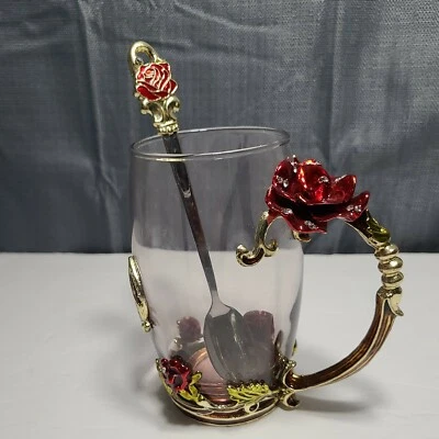 Royal Coffee Mug Set Red Rose Modern Enamel & Spoon Unique Set Glass Tea Cup - Image 1 of 4