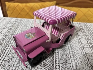 Vintage Pink Tin Jeep Beach Surrey Pressed Steel Toy Car w/ Canopy Frills Rare - Picture 1 of 15