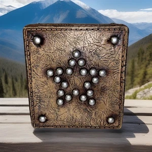 Tooled Leather Tissue Box Cover Studded Star Accent Retro Rustic Western Decor - Picture 1 of 11