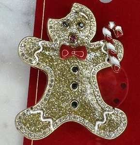 Lebkuchenmann Weihnachten Brosche Xmas Holidays Wintermode goldfarben Kristall - Bild 1 von 15