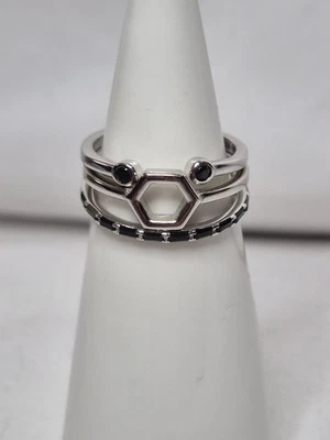 Anel empilhador Ryze tamanho 6 ônix preto CZ em prata esterlina 925 3 bandas - Imagem 1 de 4