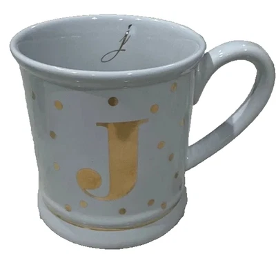 Pier 1 Imports Coffee Mug Tea Cup Personalized “J ” White Mug W/Gold Polka Dots - Image 1 of 4